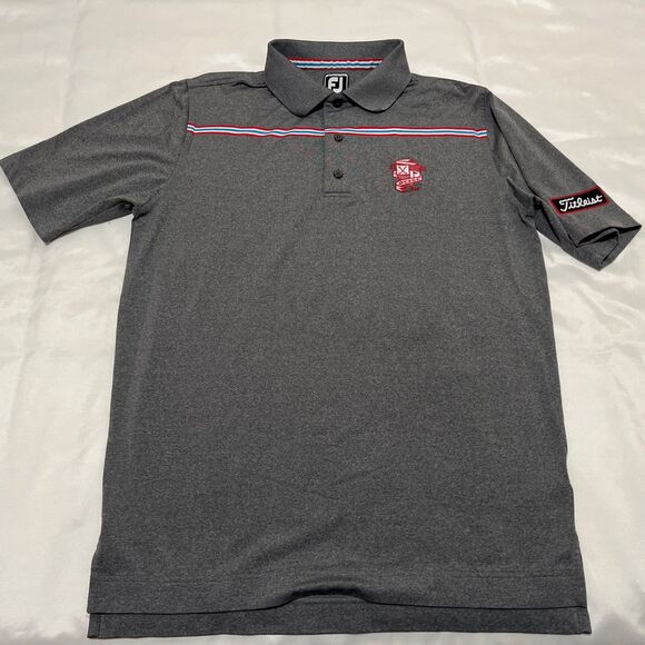 FootJoy Titleist Patch Golf Polo Gray Red Stripe Stretch Mens M Performance - Picture 2 of 16